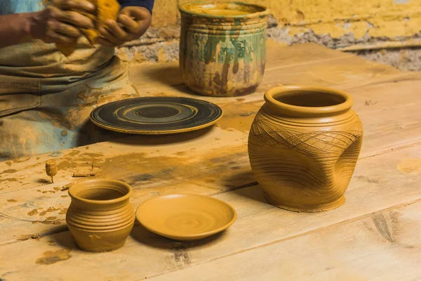 Mexican Potter Craftsman Working Clay His Hands His Workshop Create — Stock Photo, Image