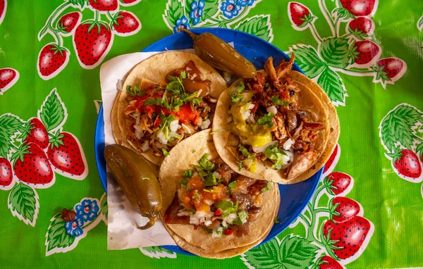 Carne Porco Cuerito Solid Campechano Carnitas Tacos Preparados Com Coentro — Fotografia de Stock