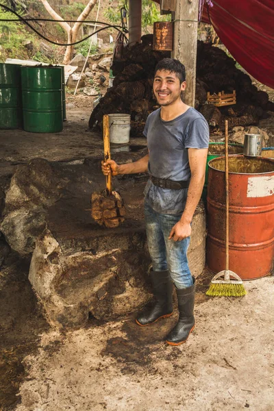Mezcal Master Poaching Photography Smiling His Right Hand Carries Wooden — Stock Photo, Image
