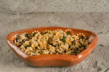 Escamoles (ant eggs) refried with tortilla chips and guacamole, traditional Mexican food of pre-Hispanic origin, served on a clay plate.
