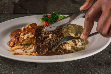 Enmoladas de encacahuatado, mole negro, pipian served on the same white plate, stuffed with chicken.