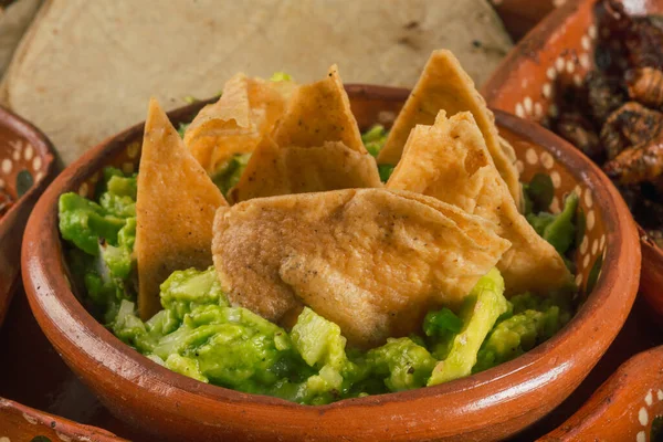 Guacamole Totopos Traditional Mexican Food Served Clay Plate — Foto de Stock