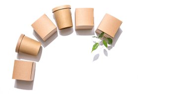 Teslimat konsepti, paket, ambalaj, dünyayı kurtarma. Yiyecek, içecek ve eşyalar için karton kutular. Kare ve yuvarlak. Yeşil yapraklar. Beyaz arka plan. Üst Görünümü İzole Et.