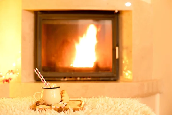 Photo Atmosphérique Avec Cheminée Sur Thème Noël Une Belle Tasse — Photo