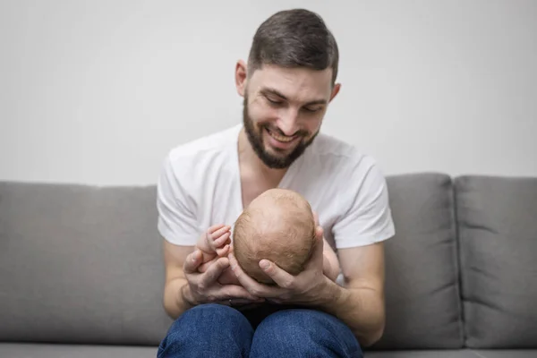 Loving Father Beard Holds Newborn Baby His Arms Caucasian Sitting — Stock Photo, Image