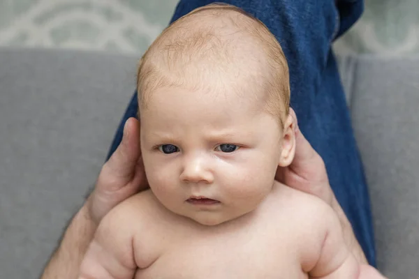 Portrait Newborn Baby Lying Legs Parent Home Cute Caucasian Naked — Stock Photo, Image
