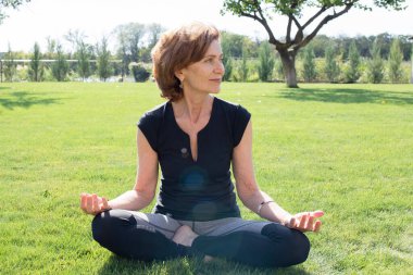Yoga açık havada. Lotus pozisyonundaki yaşlı kadın parkta yeşil çimlerin üzerinde oturuyor. Sakinlik ve meditasyon, yaşlılıkta sağlık hizmetleri, yoga pratiği konsepti. Gün ışığı. Güneşli bir gün. Olumlu bir an. Yaşam biçimi