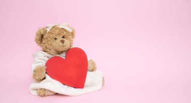 Şirin bir elbise giymiş sevimli bir oyuncak ayı kırmızı bir kalp tabağı tutuyor ve pembe bir arka planda oturuyor. Romantizm, aşk ve sevgililer günü konsepti. Yatay pankart, metin için yer.