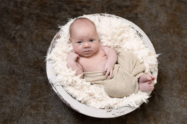 Lindo Bebé Recién Nacido Con Los Ojos Abiertos Envuelto Encuentra —  Fotos de Stock