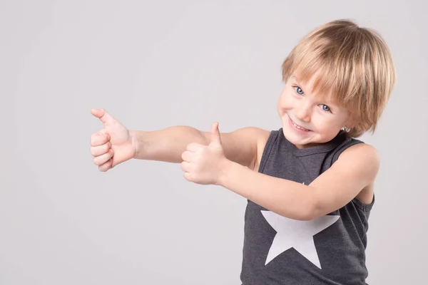 Positive Smiling Child Made Thumb Gesture Caucasian Blond Hair Cheerful — стоковое фото