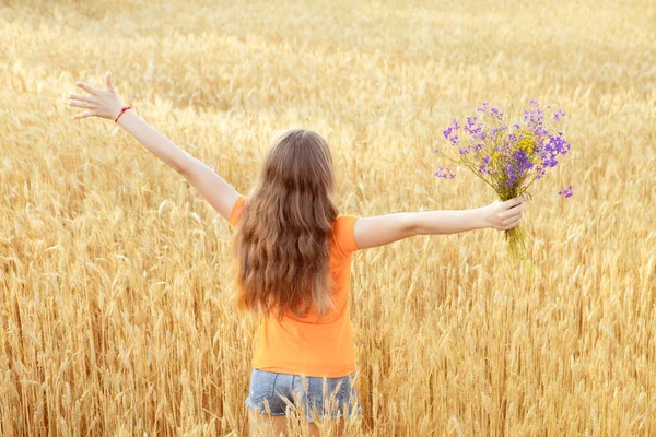 Güzel Uzun Saçlı Açık Kollu Bir Kız Buğday Tarlasında Duruyor — Stok fotoğraf