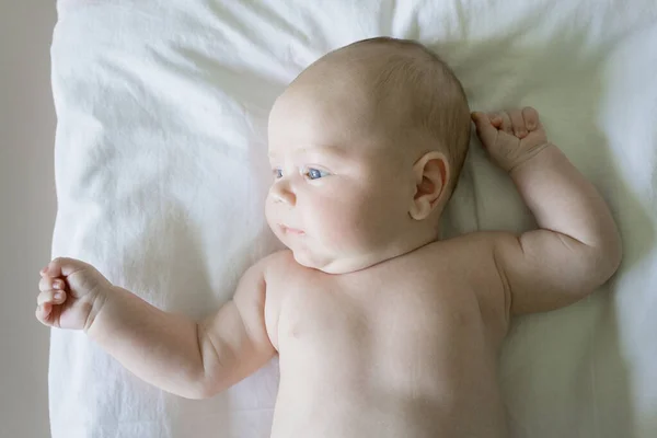 Bebé Recién Nacido Tranquilo Despierto Con Expresión Positiva Acuesta Cama —  Fotos de Stock