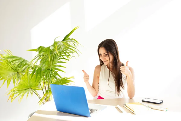 Jovem Mulher Negócios Mesa Comunica Line Usando Laptop Gestos Happy — Fotografia de Stock