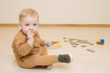 Bebek yerde eğitici tahta oyuncaklarla oynuyor. Bebekte oyuncağın küçük bir parçası var. Erken dil öğrenimi kavramı, çocuk oyuncakları ağzına alıyor, boğulma tehlikesi, çocuk gelişimi