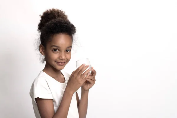 Child Holds Glass Water Standing White Background Happy Girl Holding — Stock Photo, Image