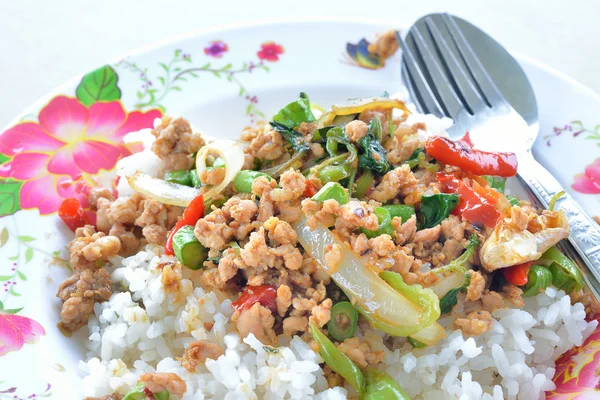 Rijst belegd met roergebakken varkensvlees en basilicum — Stockfoto