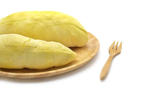 Ahşap tabak ve kaşık izole durian tatlı meyve