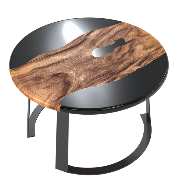 Tahtadan ve epoksi reçineden yapılmış yuvarlak kahve masası. 3B görüntüleme