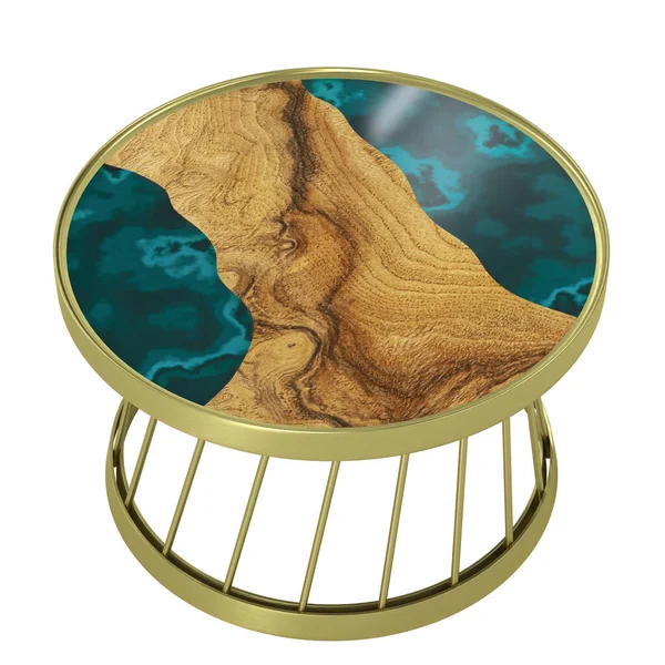 Tahtadan ve epoksi reçineden yapılmış yuvarlak masa. 3B görüntüleme
