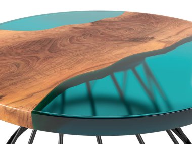 Beyaz arka planda epoksi reçinesi olan yuvarlak kenarlı ahşap sehpa. 3B illüstrasyon