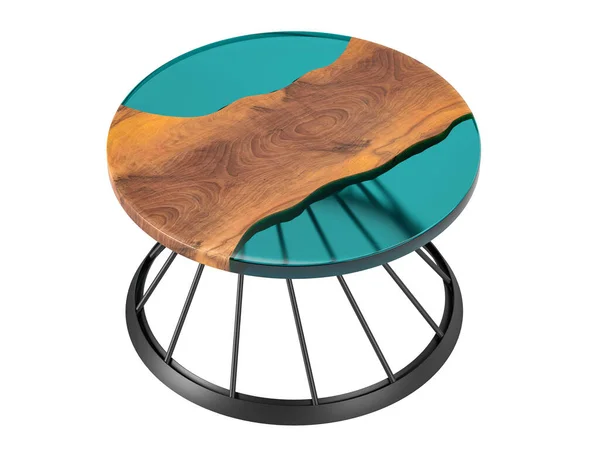 Beyaz arka planda epoksi reçinesi olan yuvarlak kenarlı ahşap sehpa. 3B illüstrasyon