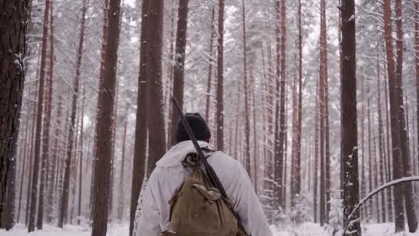 Un chasseur marche le long d'un sentier forestier enneigé, et un chien court devant. Hiver saison de chasse. — Video