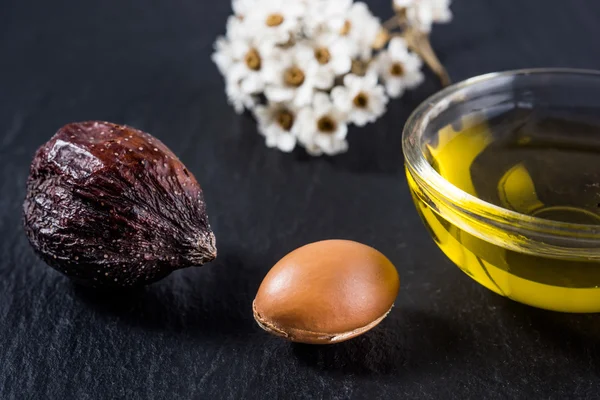 Frutta a guscio e semi di Argan con olio — Foto Stock