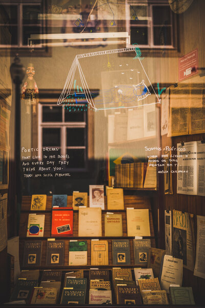 Decoration on the glass of a bookstore Royalty Free Stock Images