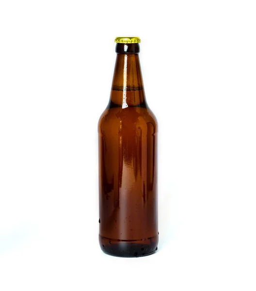 Garrafa Cerveja Escura Fundo Branco — Fotografia de Stock