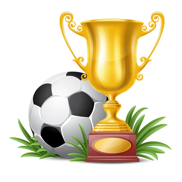 Gouden trofee cup en voetbal bal — Stockvector