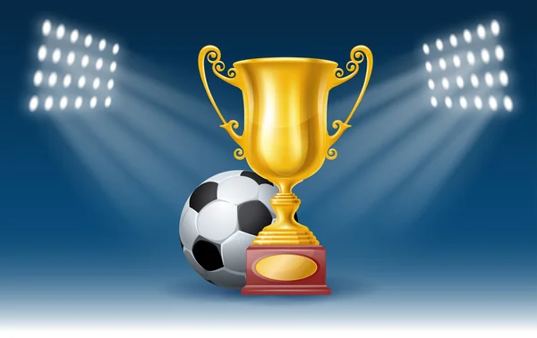 Póster de fútbol con balón de fútbol y Copa Trofeo de Oro — Vector de stock
