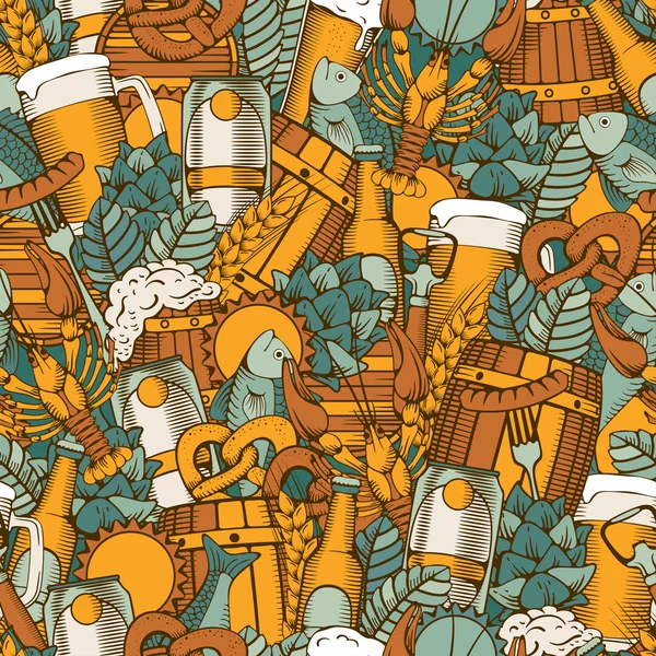 Cerveza y bocadillo patrón sin costura — Archivo Imágenes Vectoriales
