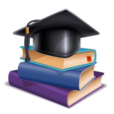 Siyah mezuniyet kap kitap yığını üzerinde