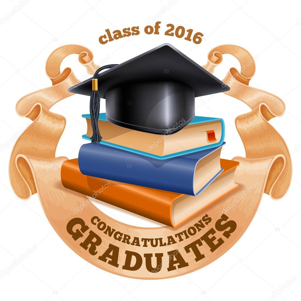 Black graduation cap on stack of books with vintage ribbon. Isolated on white background. Congratulation Graduates inscription on ribbon. Graduation concept. Vector illustration.