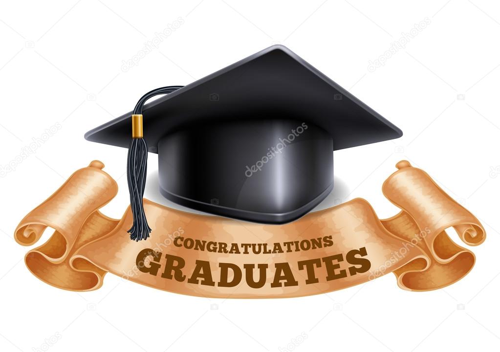 Black graduation cap with vintage ribbon. Isolated on white background. Congratulation Graduates inscription on ribbon. Graduation concept. Vector illustration.