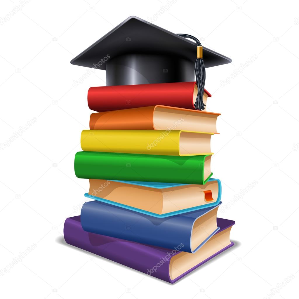 Black graduation cap on stack of books. Isolated on white background. Graduation concept. Back to school concept. Vector illustration.