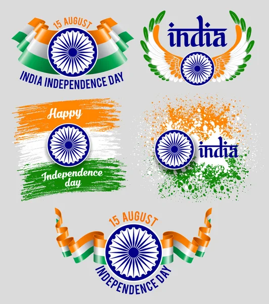 India Día de la Independencia emblemas establecidos — Vector de stock