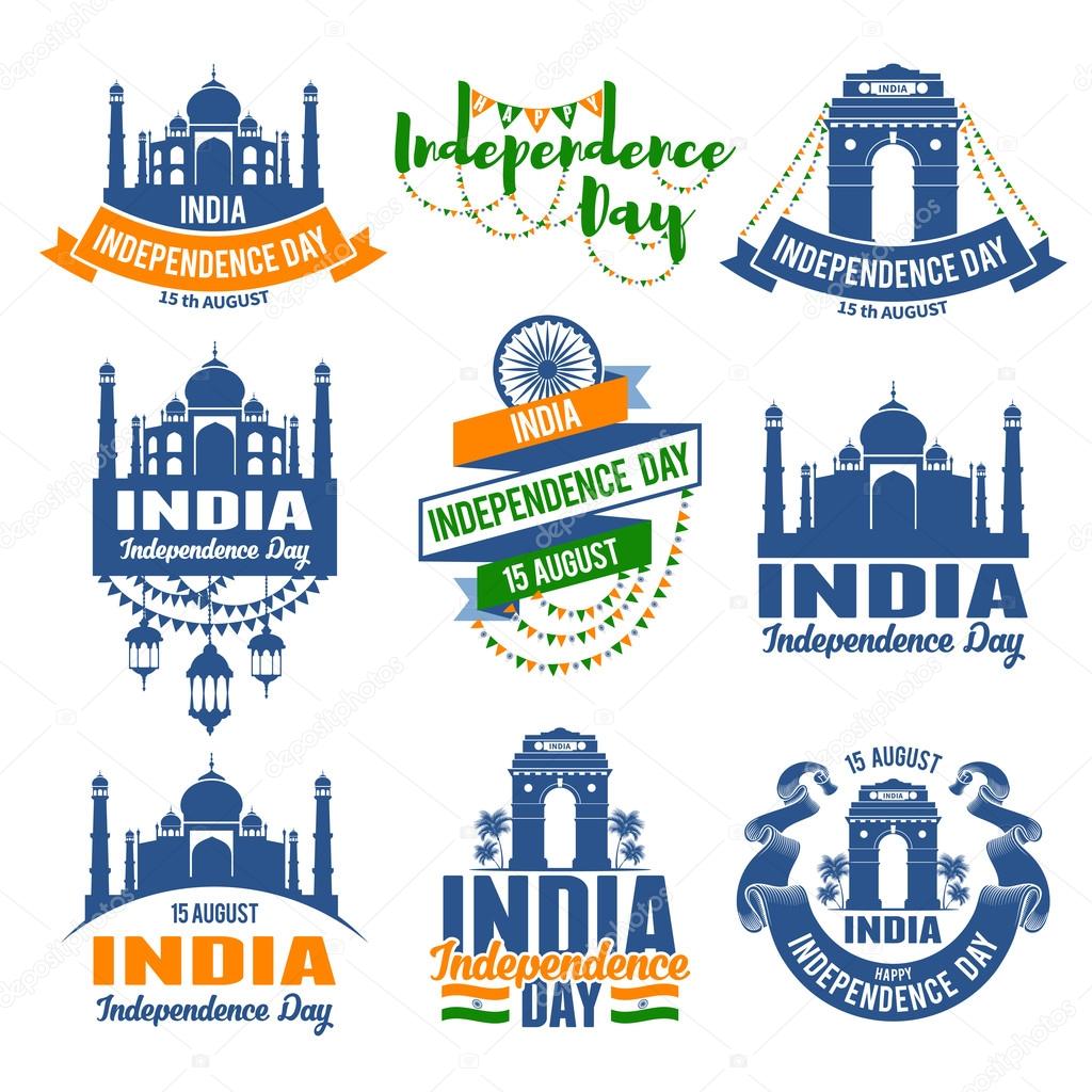 Set of emblems for indian holiday India Independence Day. Best badges set for your design. Easy for edit and use. Vector illustration.