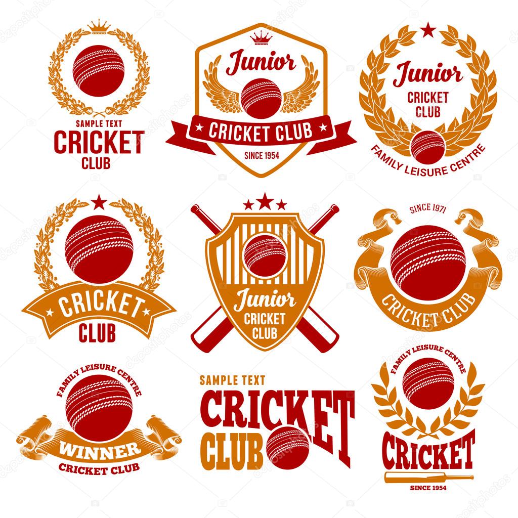 Set of Emblems, Logos and Labels on Cricket Theme and for Cricket Club. Colored Vector Illustration. Isolated on White Background.