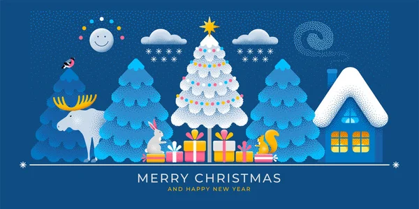 圣诞快乐 新年快乐 有趣的圣诞故事 神奇的冬季雪景与房子和云杉 具有点状纹理的不同寻常的明亮设计 易用和可定制 — 图库矢量图片