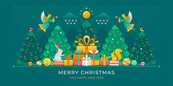 圣诞快乐 新年快乐 可爱的圣诞故事 神奇的冬季雪景与云杉 兔子和松鼠 具有点状纹理的不同寻常的明亮设计 — 图库矢量图片