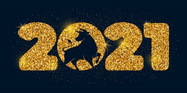2021 'in büyük rakamları altın parıltılar ve öküz silueti, doğu takviminde yeni yılın sembolü ve maskotu. Karanlık arka planda Noel ve Yeni Yıl şenlikli lüks tasarım. Vektör.