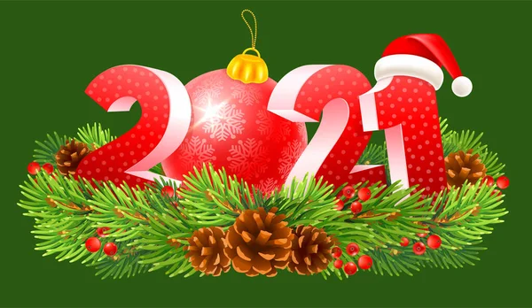 Объёмные Цифры 2021 Красный Рождественский Шар Вместо Нуля Украшены Шишками — стоковый вектор