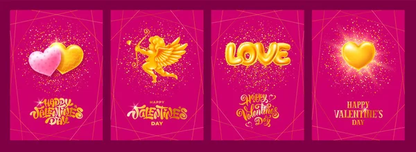 Feliz Día San Valentín Tarjetas Felicitación Lujo Conjunto Con Cupido — Vector de stock