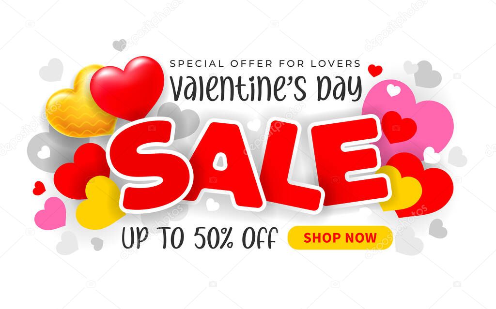 Advertising banner for Valentines Day sale. Bright design for store promotion. Invitation to good shopping on Valentine holidays. Multi colored hearts and text on white background. Vector illustration