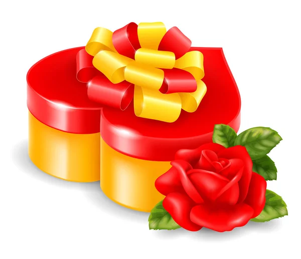 Coffret Cadeau Réaliste Forme Coeur Rouge Couleurs Dorées Avec Arc — Image vectorielle