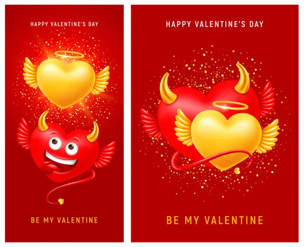 Happy Valentines Day Greeting Set Valentine Cards Realistic Devil Angel — Stock Vector