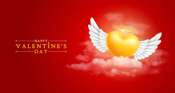 白い翼を持つ黄金の現実的な天使の心は赤い背景に雲の上を飛ぶ ハッピーバレンタインデーグリーティングカードコンセプトデザイン ベクターイラスト Eps10 — ストックベクタ