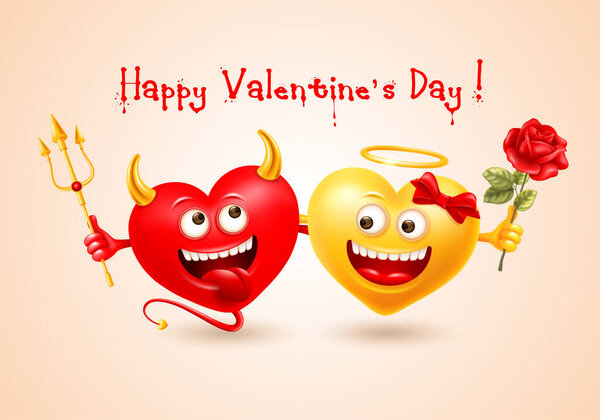 Happy Valentines day greeting with cheerful realistic devil heart with trident and angel heart with rose. Humorous style. Red and golden colours, beige background. Vector illustration EPS10.