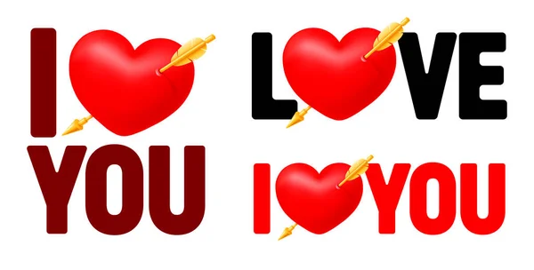 Kocham Cię Kocham Cię Zestaw Literowy Czerwonym Sercem Przebity Złotą — Wektor stockowy